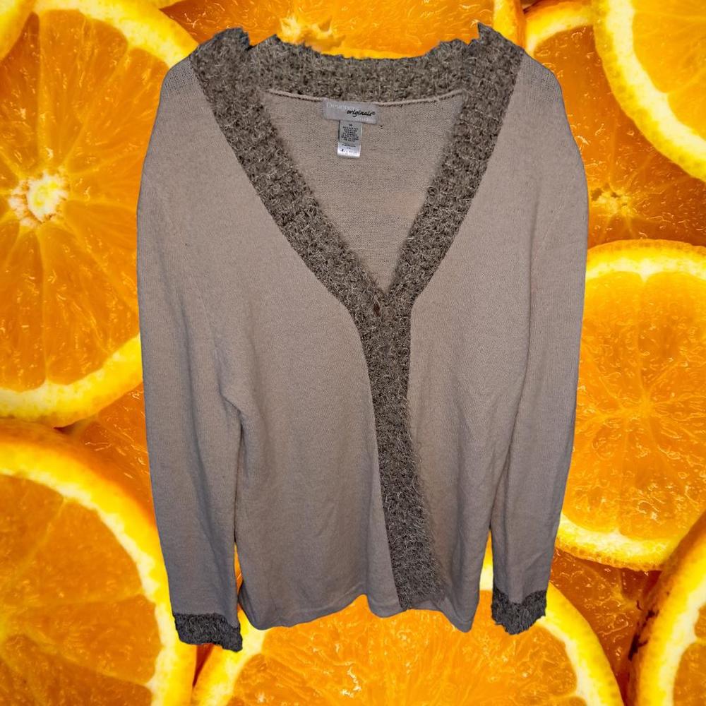 Designer Originals Open Front 1 Button Tan Sweater with Faux Fur Trim Size M‎